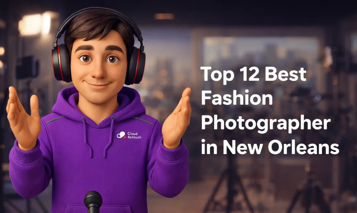 3D Pixar-style male character in a purple CloudRetouch hoodie and headphones in a New Orleans photography studio.