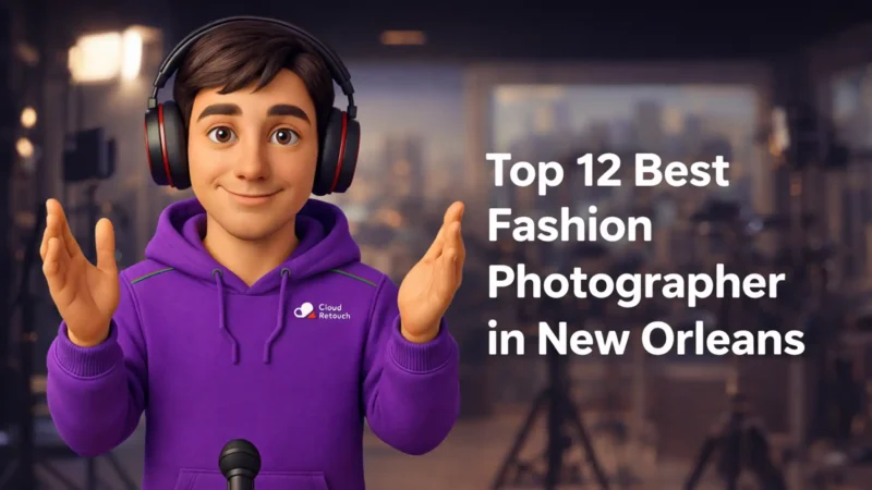 3D Pixar-style male character in a purple CloudRetouch hoodie and headphones in a New Orleans photography studio.