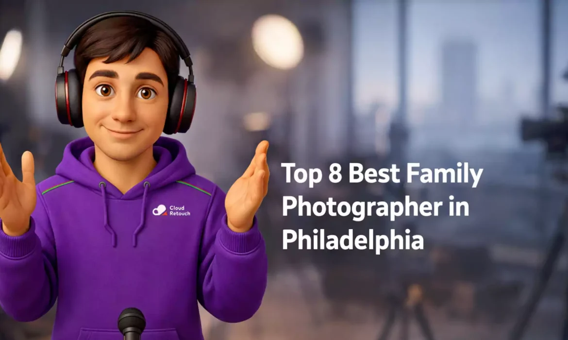 3D character in purple hoodie and headphones standing Family Photographer in Philadelphia studio