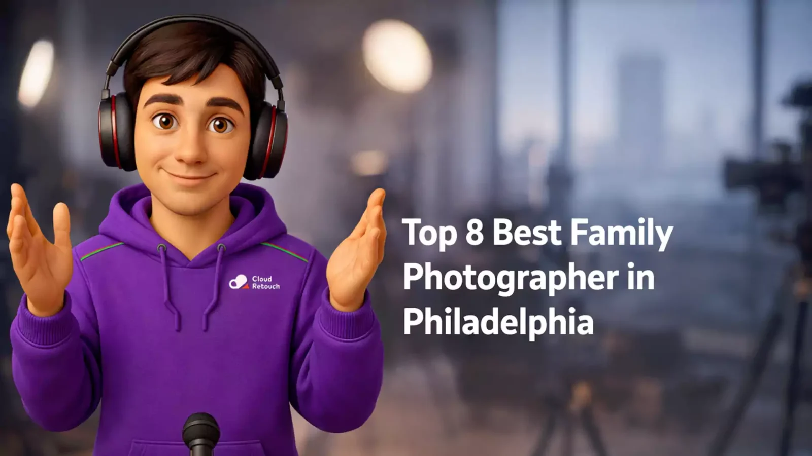 3D character in purple hoodie and headphones standing Family Photographer in Philadelphia studio