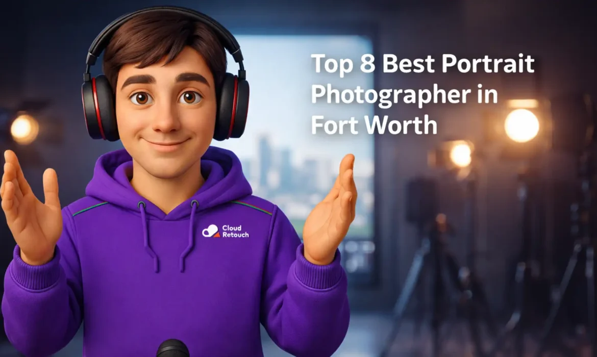 3D Pixar-style male character in a purple CloudRetouch hoodie and headphones in a Fort Worth photography studio setting.