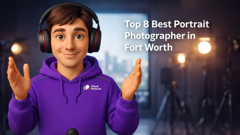 3D Pixar-style male character in a purple CloudRetouch hoodie and headphones in a Fort Worth photography studio setting.