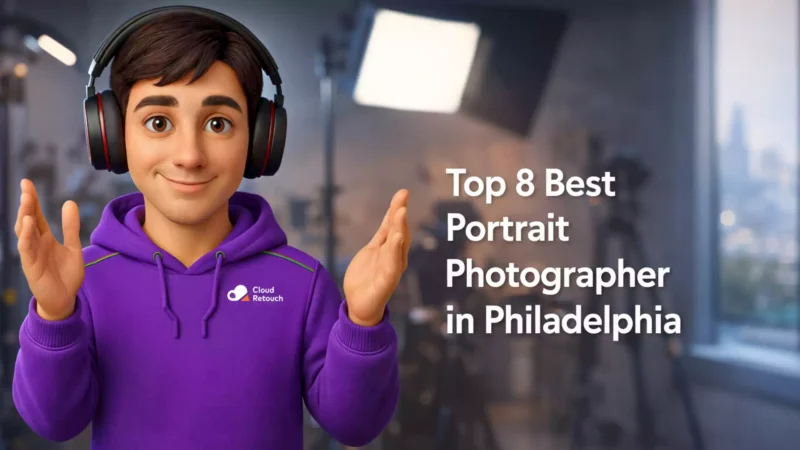 A 3D Pixar-style male character wearing a purple CloudRetouch hoodie and headphones standing Best Portrait Photographer in Philadelphia studio with camera gear in the background.