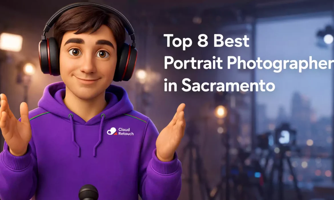 3D character Best Portrait Photographer in Sacramento studio wearing a purple hoodie and headphones