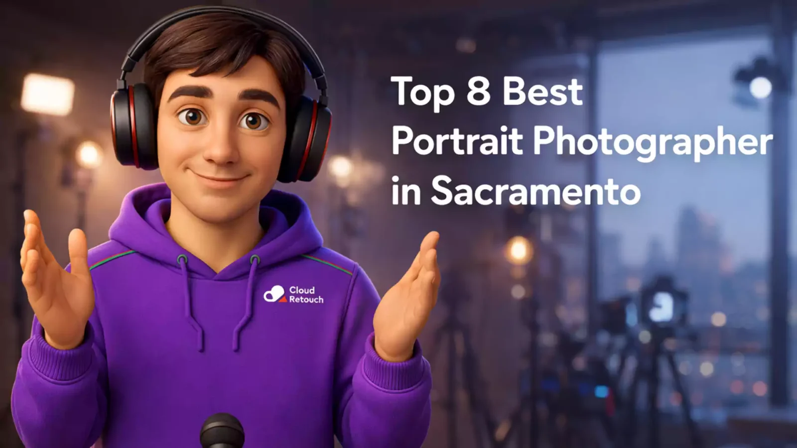 3D character Best Portrait Photographer in Sacramento studio wearing a purple hoodie and headphones