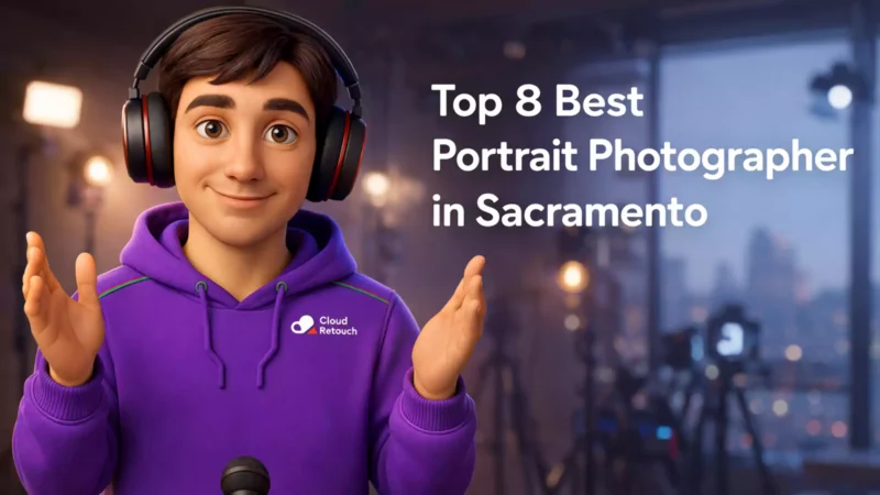 3D character Best Portrait Photographer in Sacramento studio wearing a purple hoodie and headphones