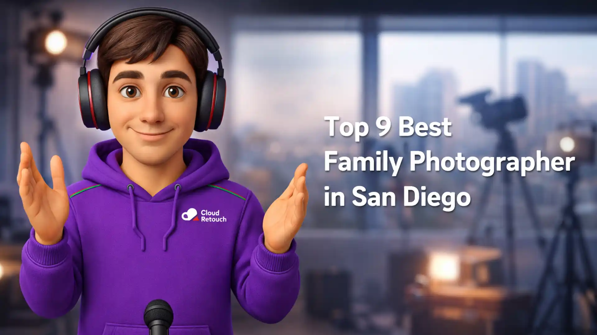 3D character in purple hoodie and headphones smiling in a San Diego photography studio setting