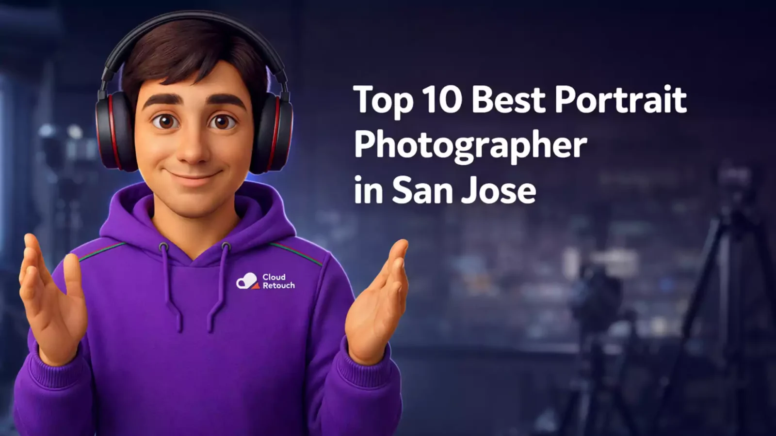 3D character in purple hoodie with headphones standing in a San Jose photography studio