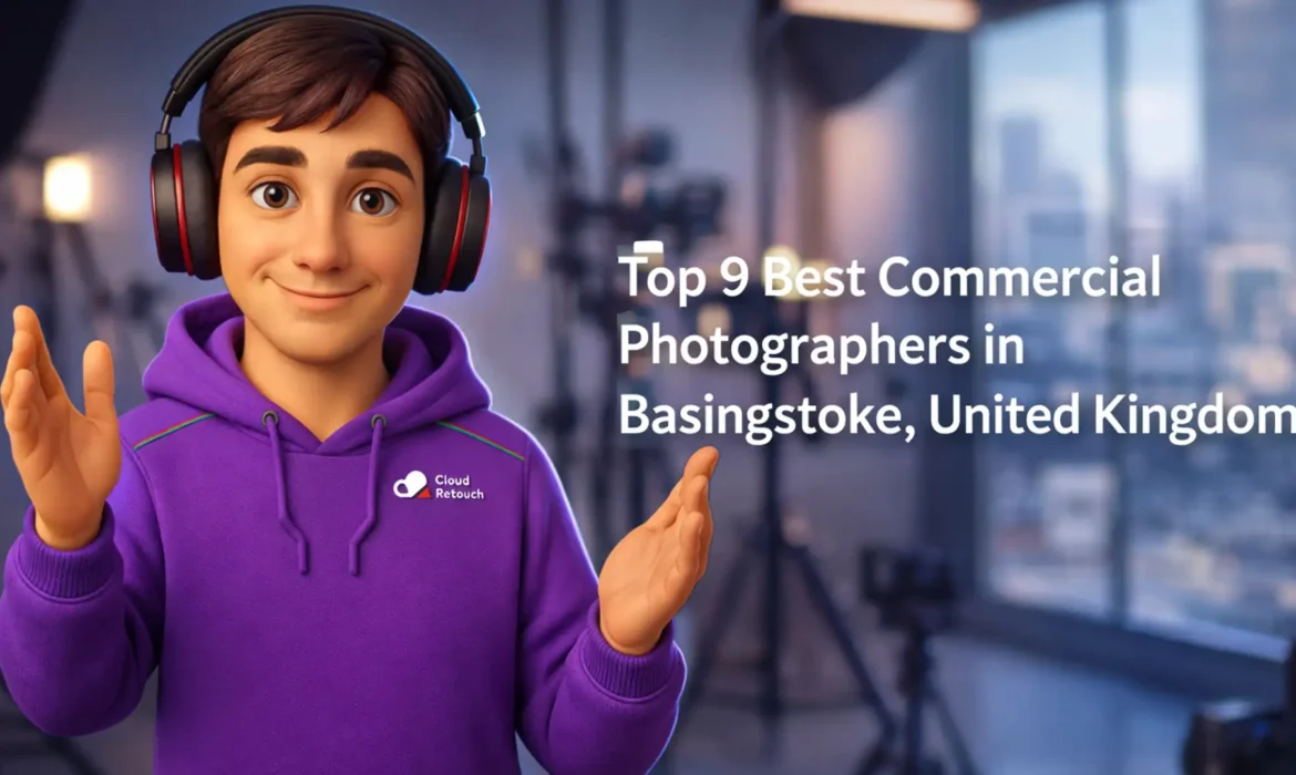 CloudRetouch character in a Basingstoke studio setting with photography equipment, representing commercial photographers in Basingstoke.