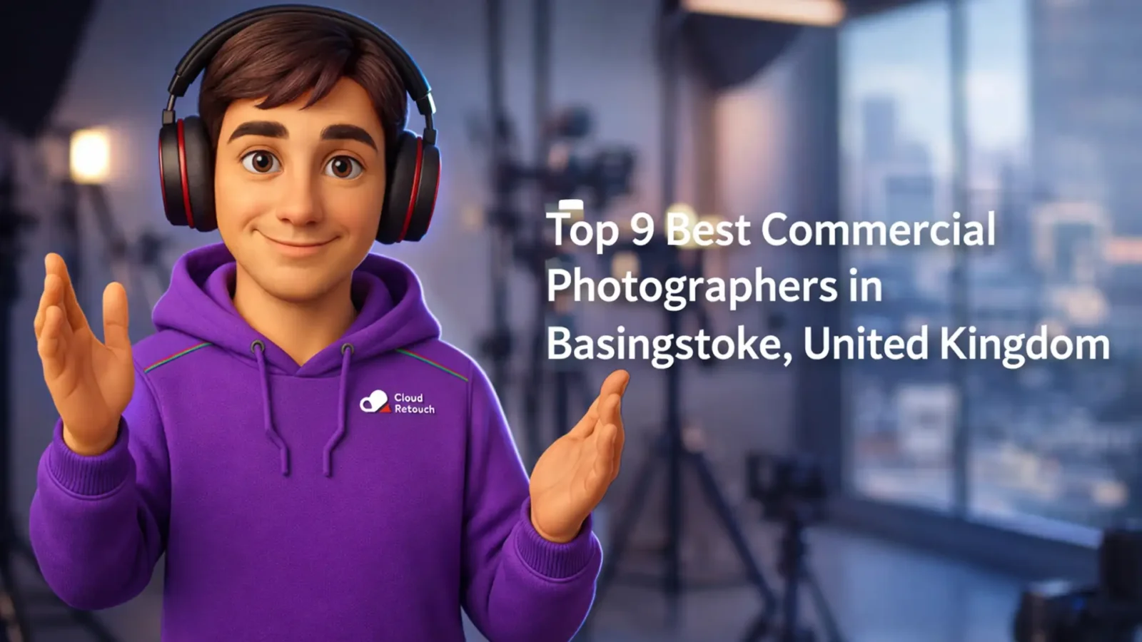 CloudRetouch character in a Basingstoke studio setting with photography equipment, representing commercial photographers in Basingstoke.