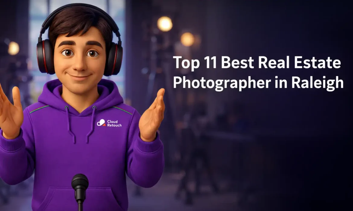 3D character wearing a purple hoodie and headphones standing in a Raleigh photography studio