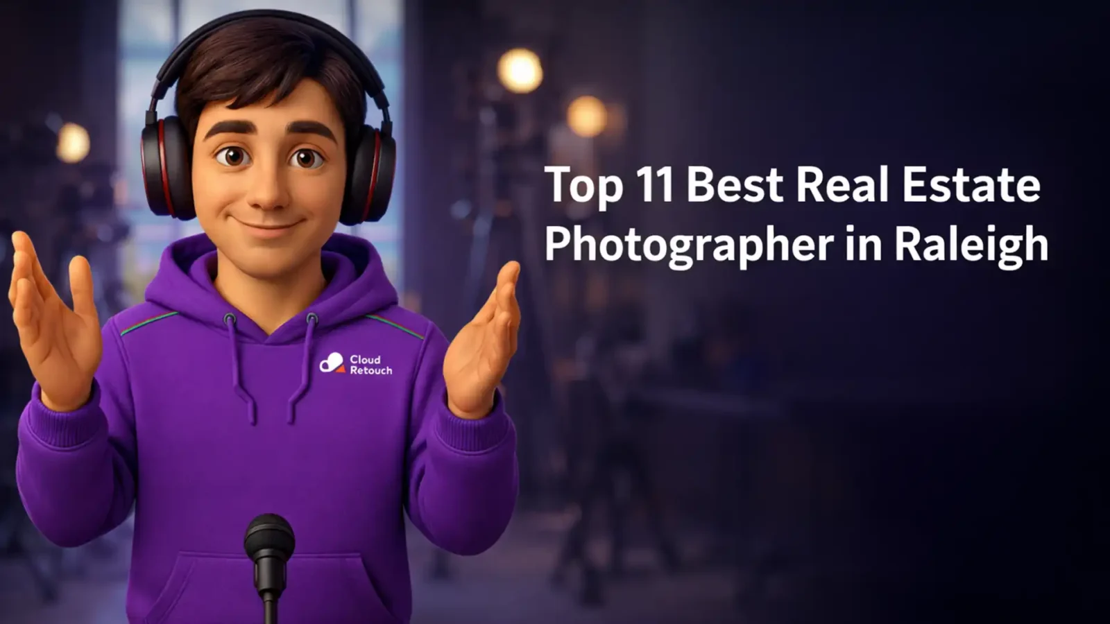 3D character wearing a purple hoodie and headphones standing in a Raleigh photography studio