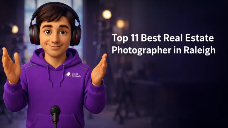 3D character wearing a purple hoodie and headphones standing in a Raleigh photography studio