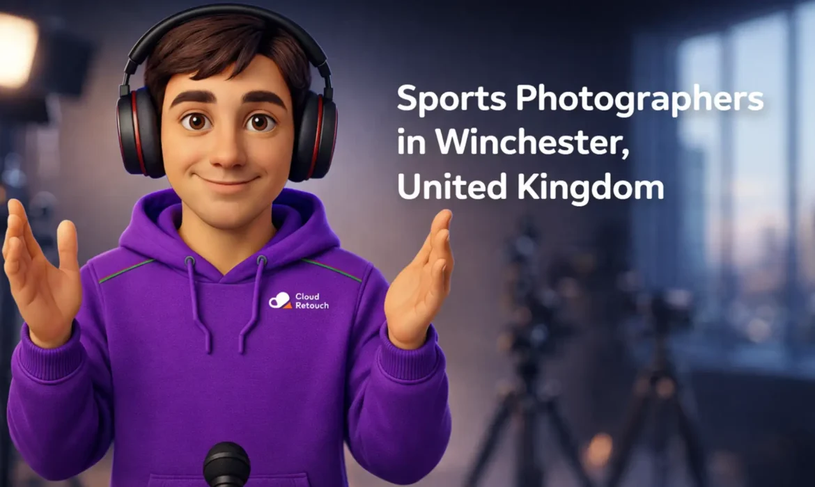 3D Pixar-style male character in a purple hoodie and headphones standing in a Winchester studio with camera gear, representing sports photographers.