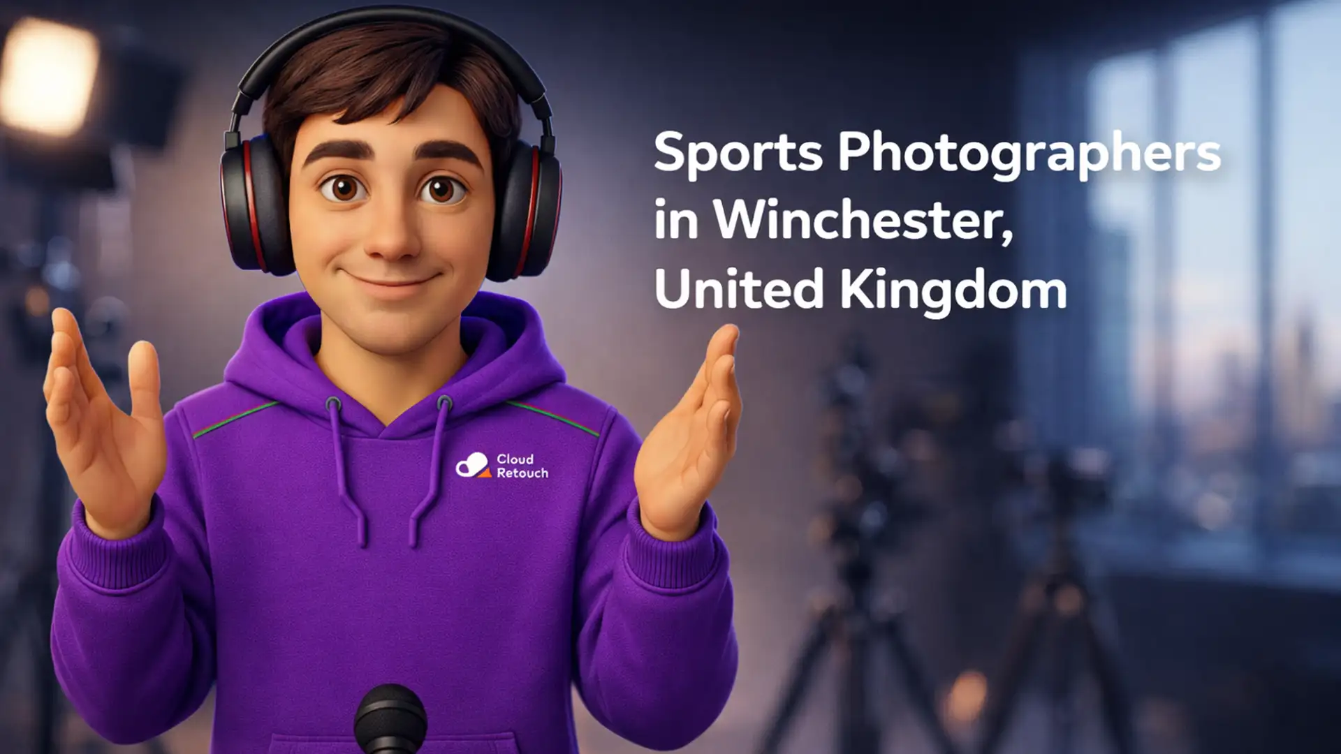 3D Pixar-style male character in a purple hoodie and headphones standing in a Winchester studio with camera gear, representing sports photographers.
