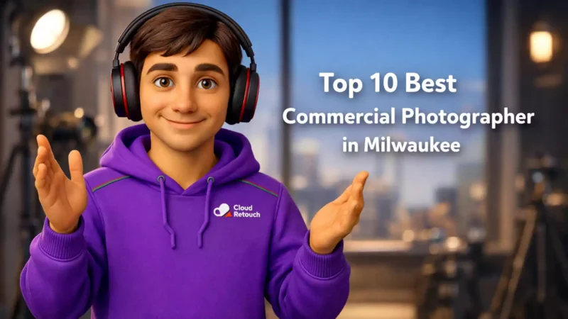 3D character in purple hoodie with headphones standing in a Milwaukee photography studio.