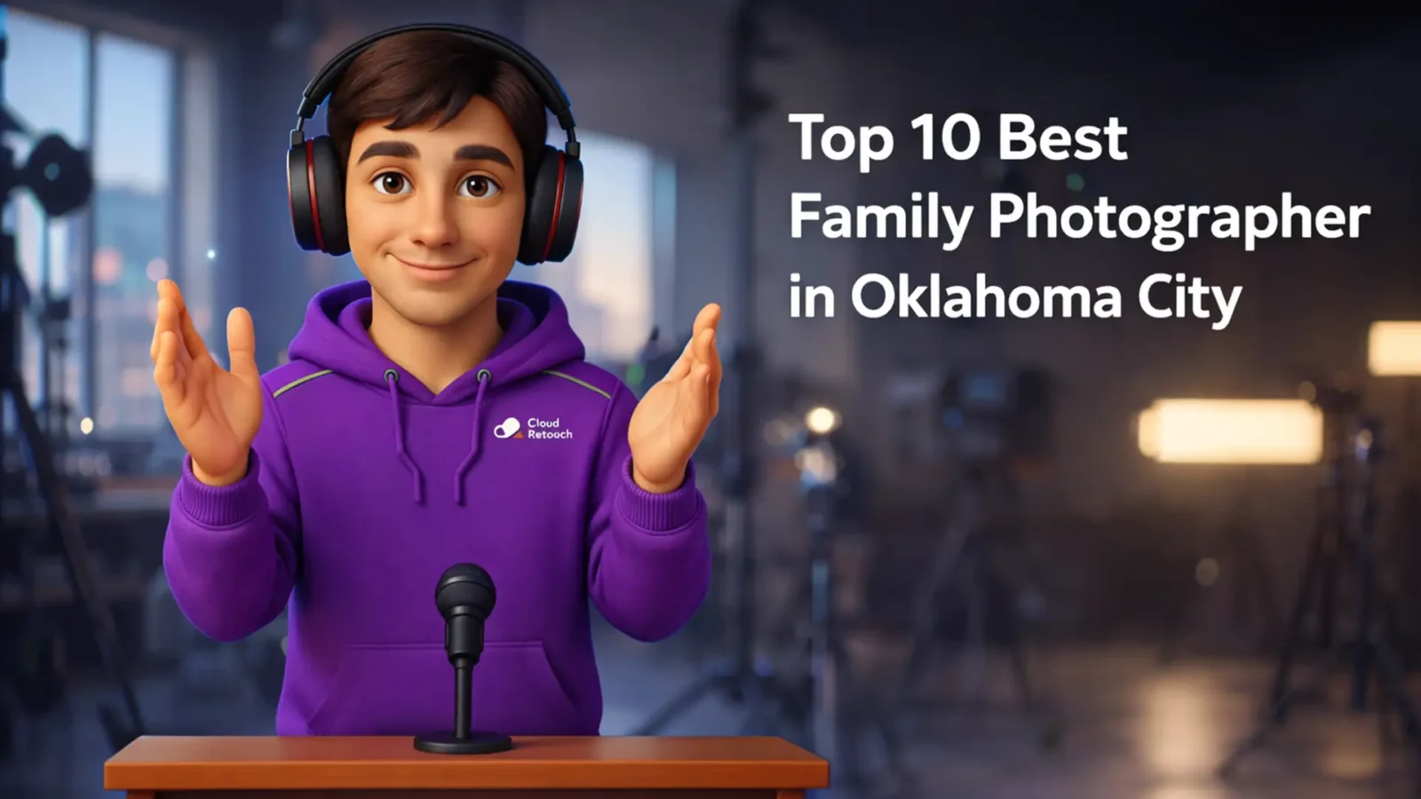 CloudRetouch character in a purple hoodie and headphones standing in an Oklahoma City studio.