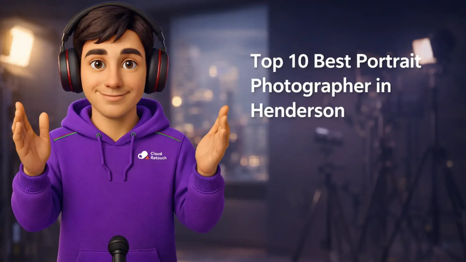 3D Pixar-style male character wearing purple hoodie and headphones in a Henderson photography studio.