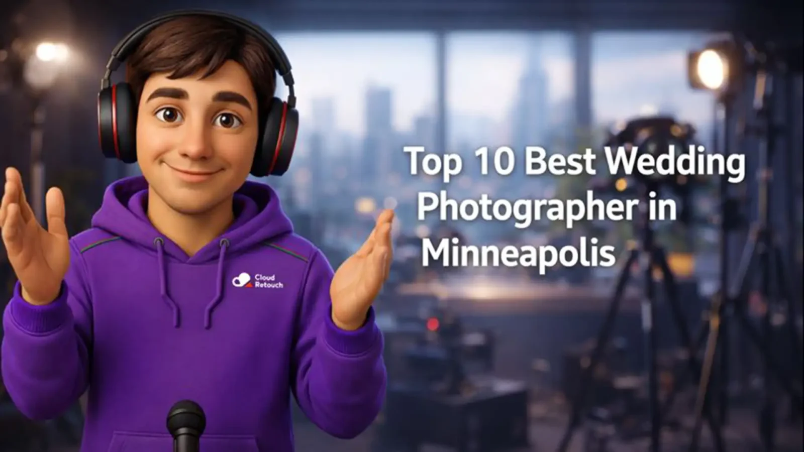 CloudRetouch 3D character standing in a Minneapolis studio wearing a purple hoodie and headphones.