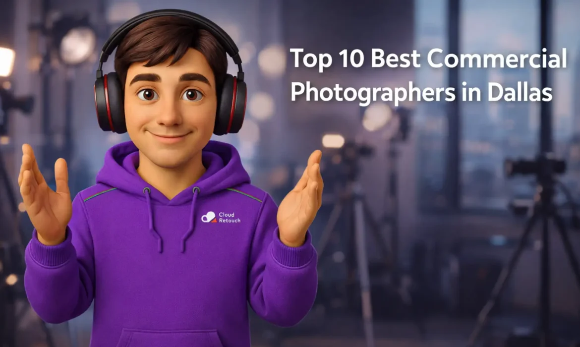3D Pixar-style male character in a purple CloudRetouch hoodie and headphones smiling in a Dallas photography studio with camera gear in background