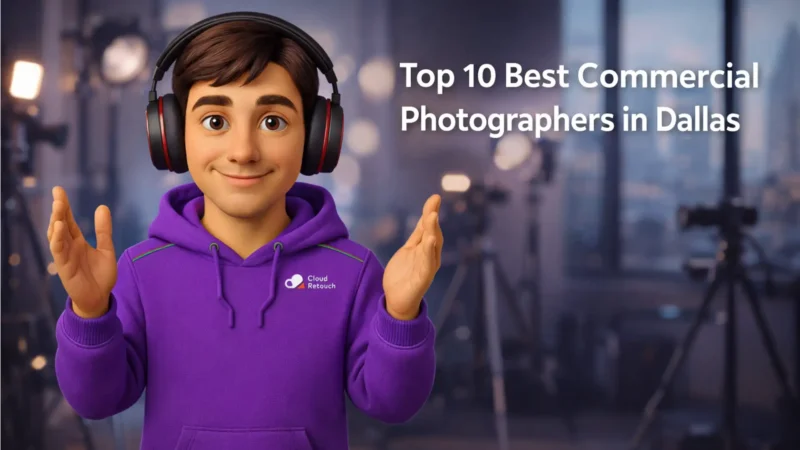 3D Pixar-style male character in a purple CloudRetouch hoodie and headphones smiling in a Dallas photography studio with camera gear in background