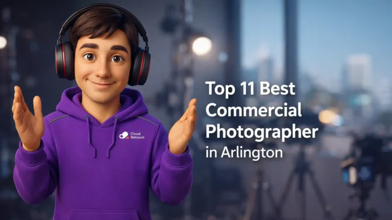 CloudRetouch character in a professional Best Commercial Photographer in arlington wearing headphones and a purple hoodie.