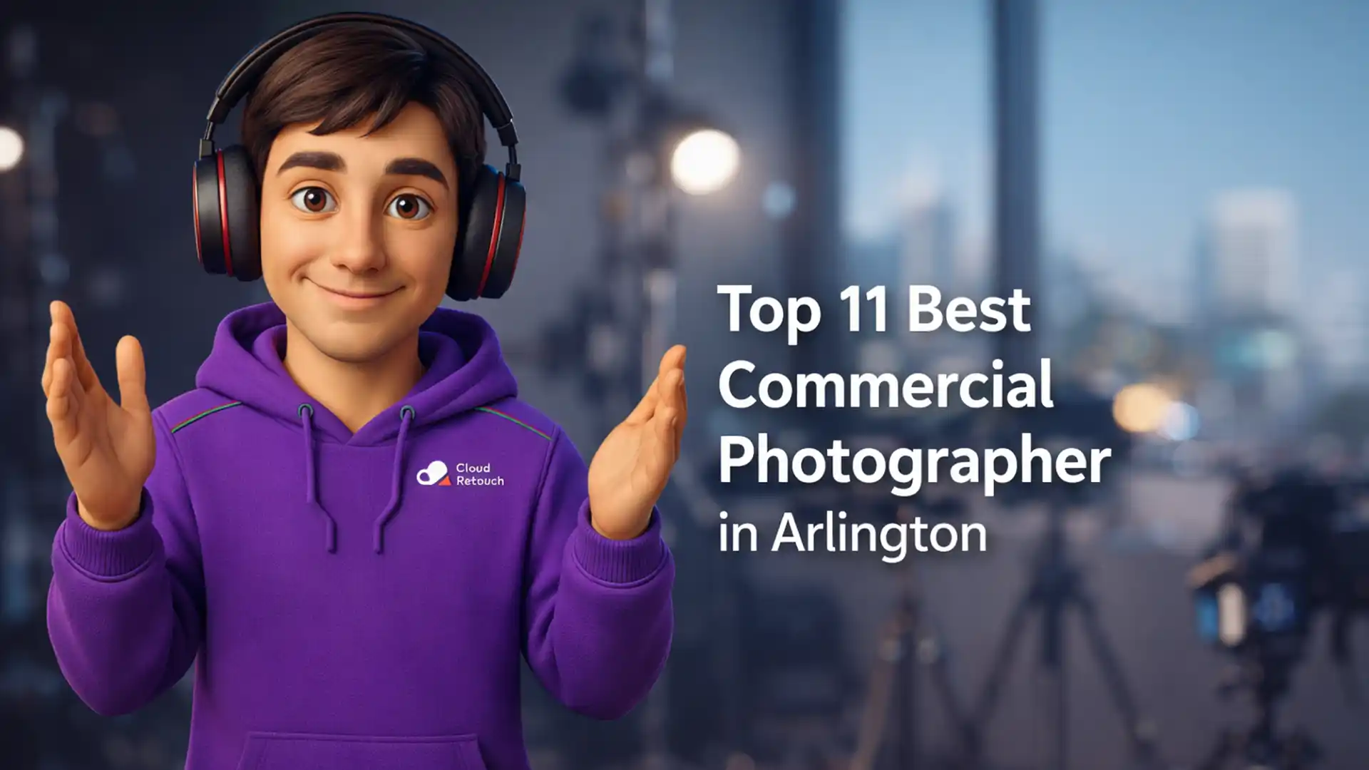 CloudRetouch character in a professional Best Commercial Photographer in arlington wearing headphones and a purple hoodie.
