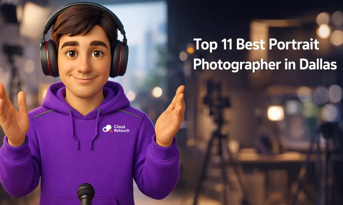 CloudRetouch character in a Dallas photography studio wearing headphones and a purple hoodie.