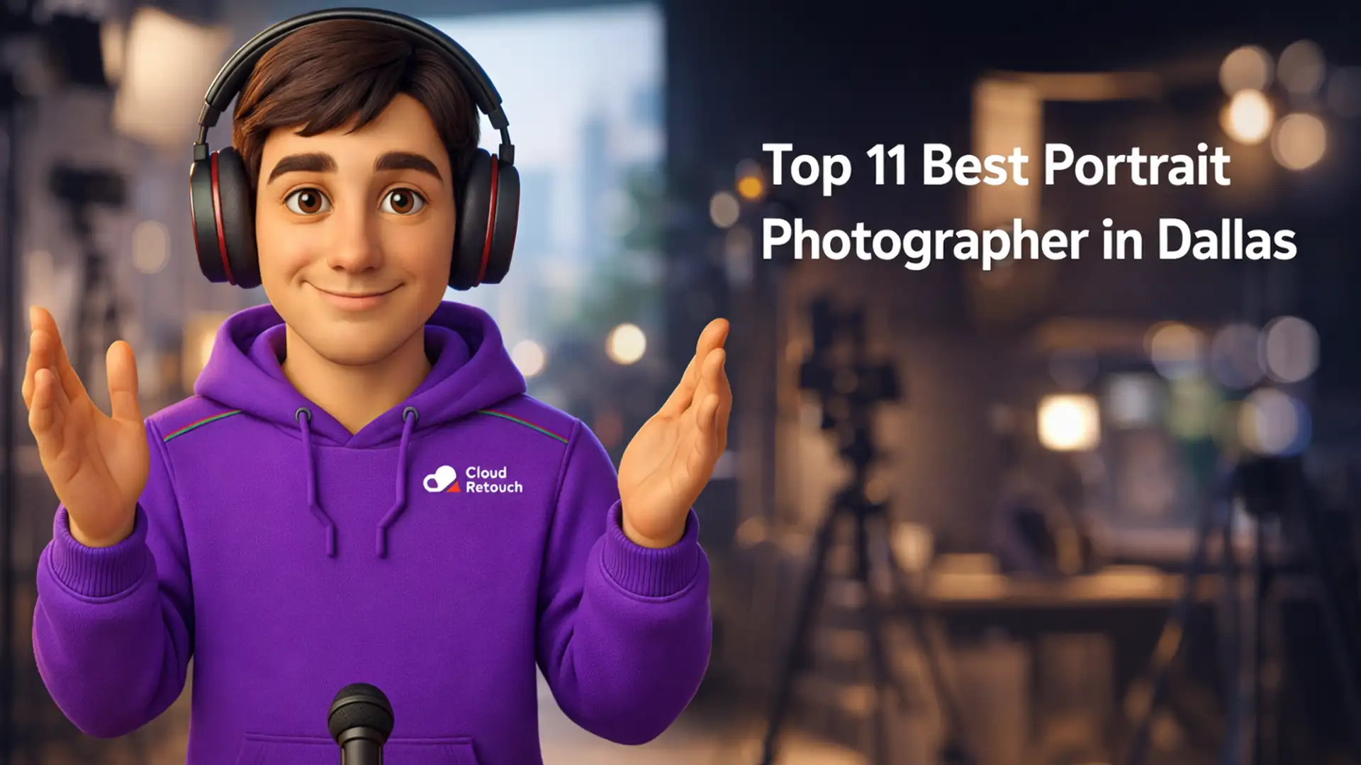 CloudRetouch character in a Dallas photography studio wearing headphones and a purple hoodie.