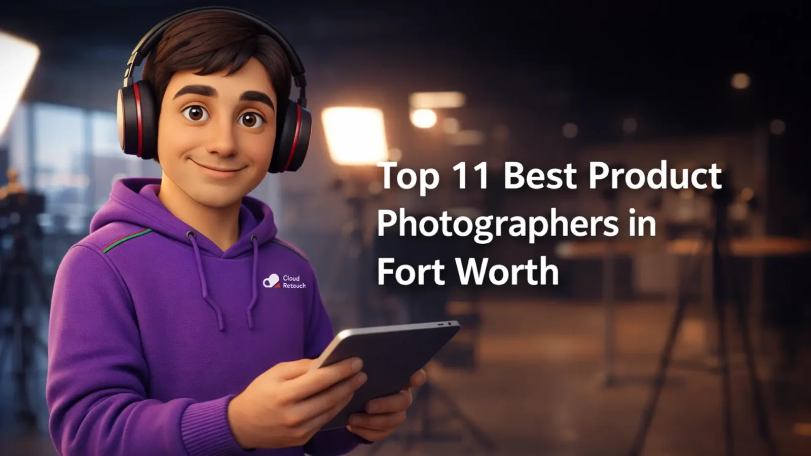 CloudRetouch character in a Fort Worth studio wearing headphones and a purple hoodie standing next to the text Top 11 Best Product Photographer in Fort Worth