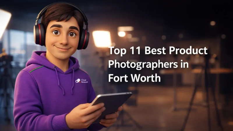 CloudRetouch character in a Fort Worth studio wearing headphones and a purple hoodie standing next to the text Top 11 Best Product Photographer in Fort Worth