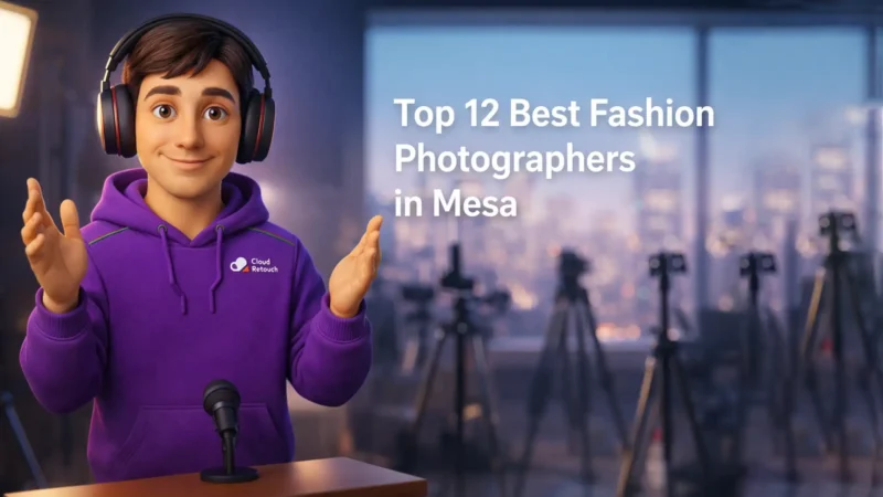 CloudRetouch character in a Mesa photography studio wearing a purple hoodie and headphones