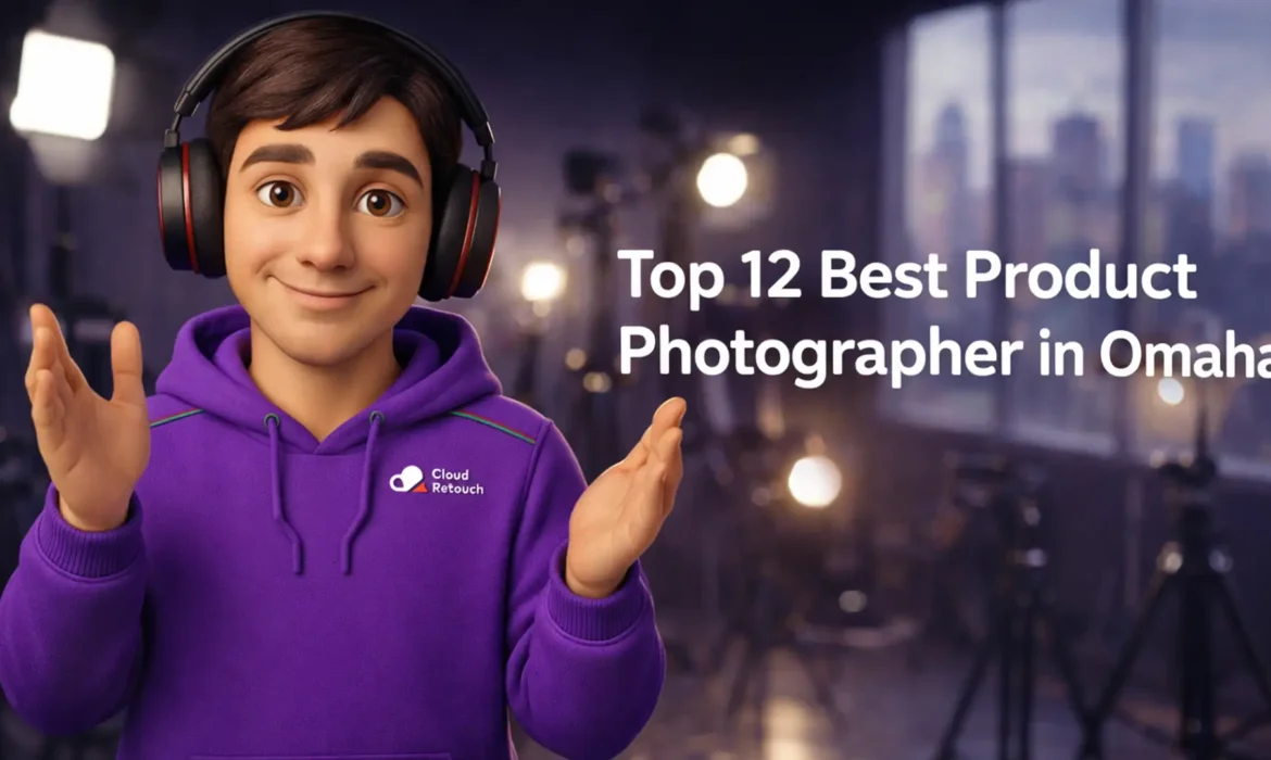 CloudRetouch character in a purple hoodie and headphones standing in an Omaha photography studio with the text Top 12 Best Product Photographer in Omaha overlaid.