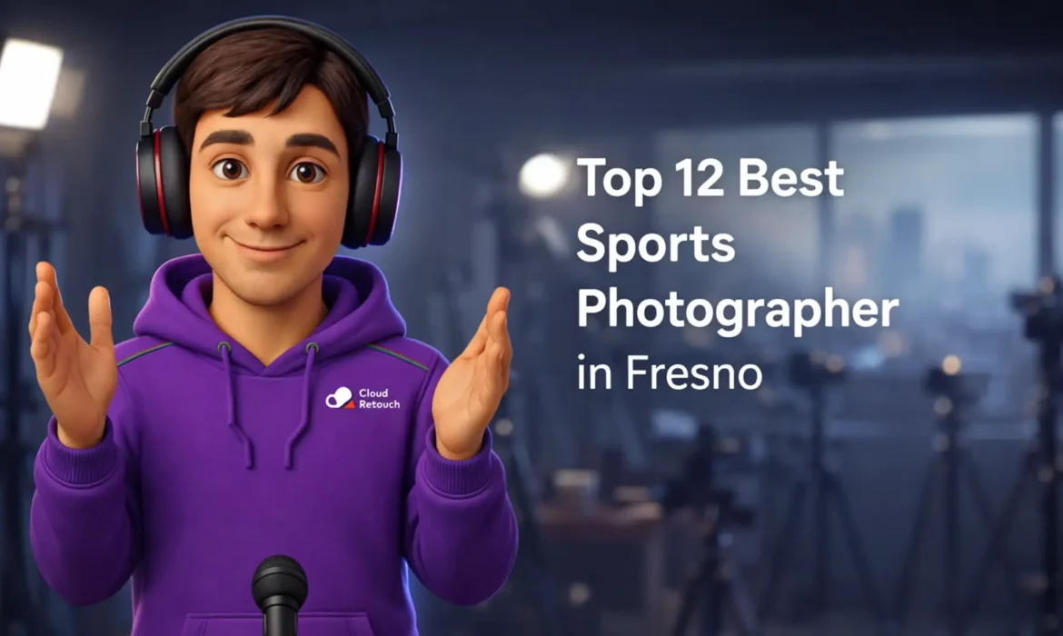3D character in purple hoodie with headphones smiling in a Fresno photography studio