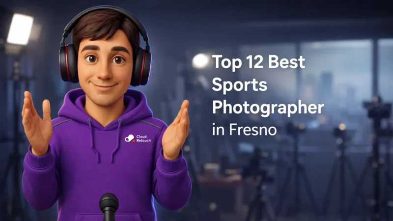 3D character in purple hoodie with headphones smiling in a Fresno photography studio