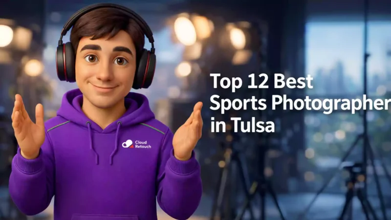 3D character in purple hoodie holding headphones in a Tulsa photography studio setting