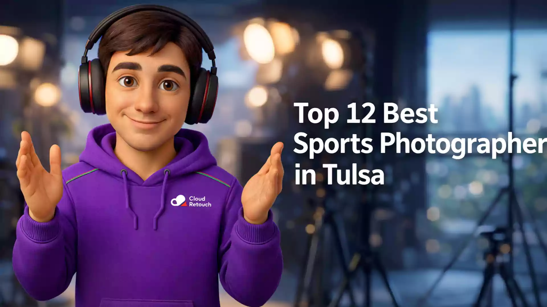 3D character in purple hoodie holding headphones in a Tulsa photography studio setting