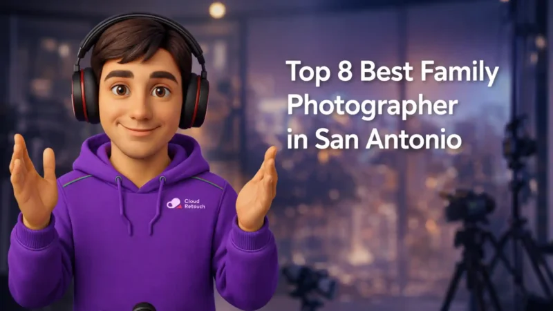 CloudRetouch character in a San Antonio photography studio wearing a purple hoodie and headphones.