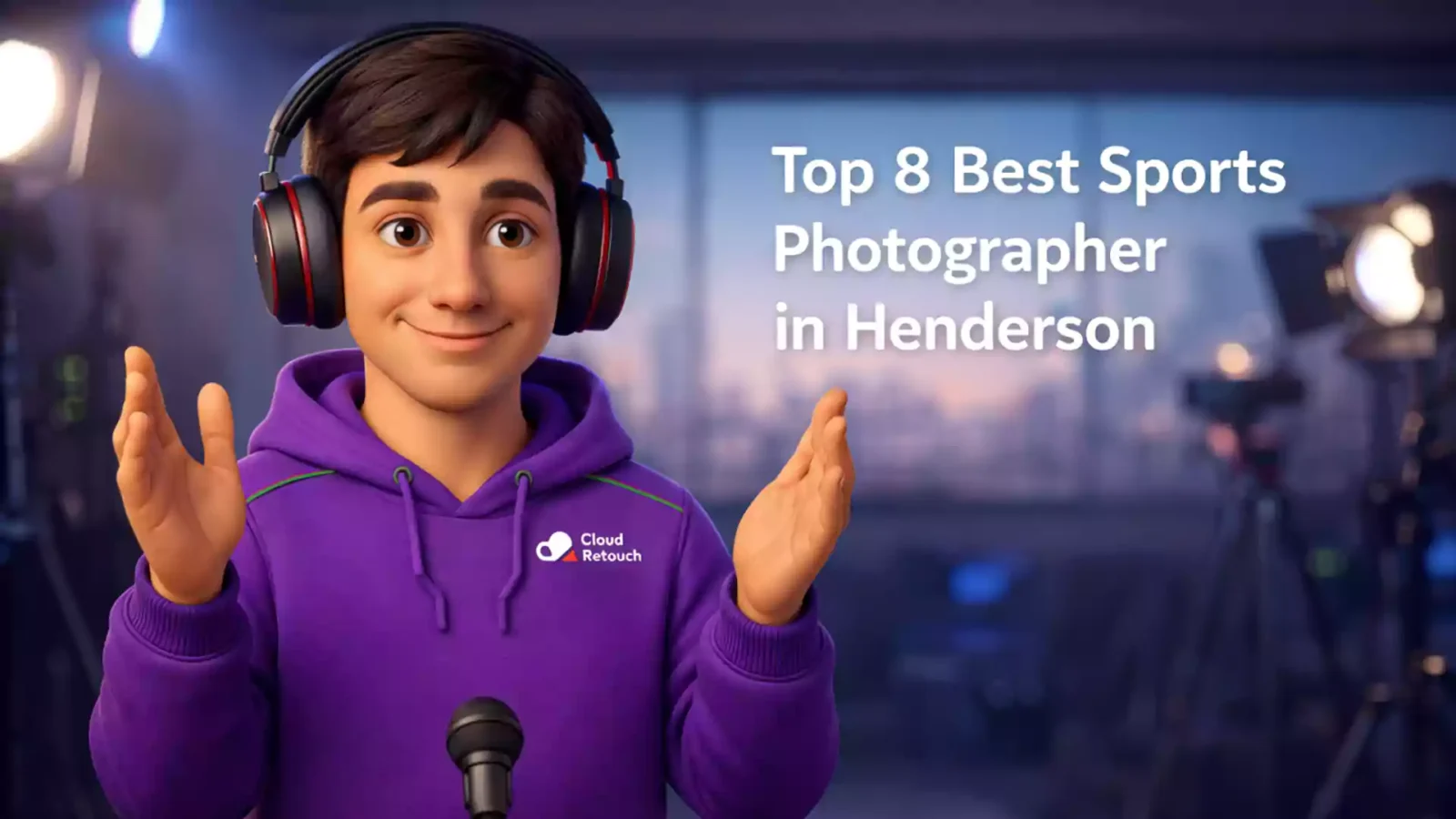 3D Pixar-style character in a purple hoodie holding a camera in a Henderson studio setting.