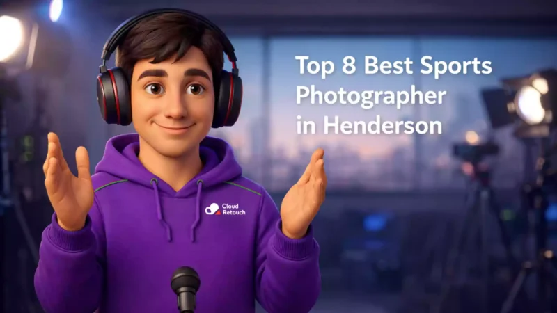 3D Pixar-style character in a purple hoodie holding a camera in a Henderson studio setting.