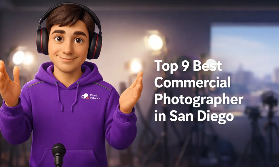 3D Pixar-style male character in a purple CloudRetouch hoodie and headphones in a San Diego photography studio, text overlay Top 9 Best Commercial Photographer in San Diego