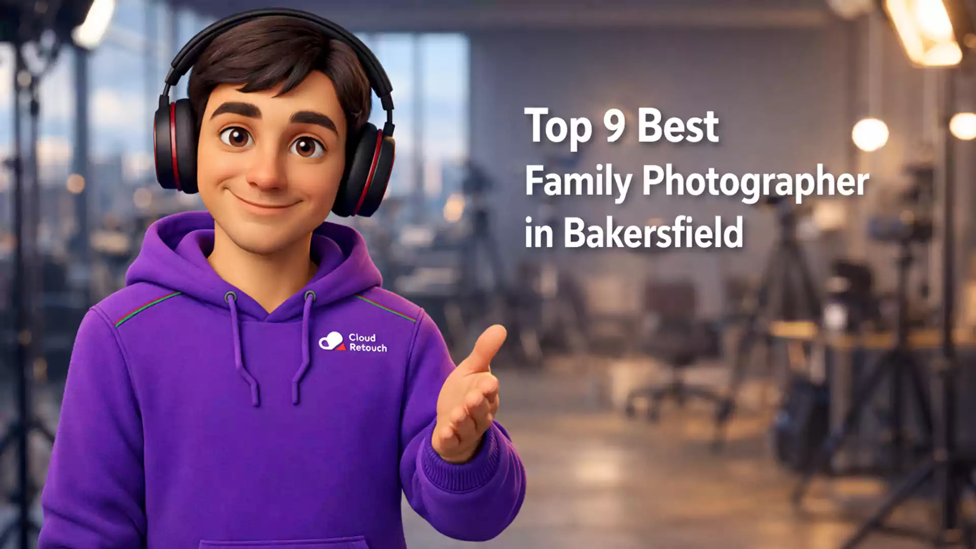 3D Pixar-style CloudRetouch character in a Bakersfield studio wearing headphones and a purple hoodie.