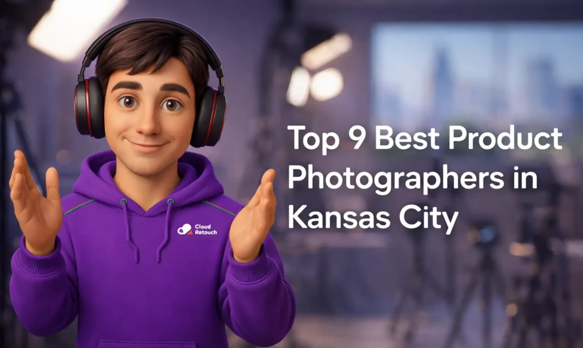 3D character in purple hoodie and headphones standing in a Kansas City photography studio with text overlay regarding product photographers.
