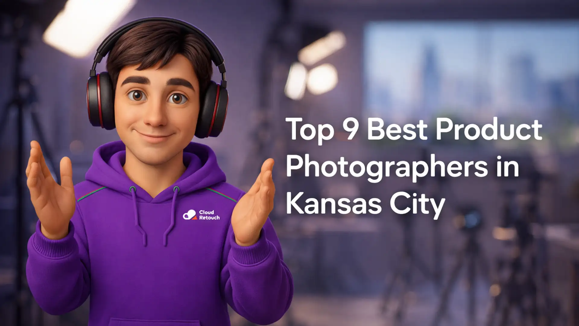 3D character in purple hoodie and headphones standing in a Kansas City photography studio with text overlay regarding product photographers.