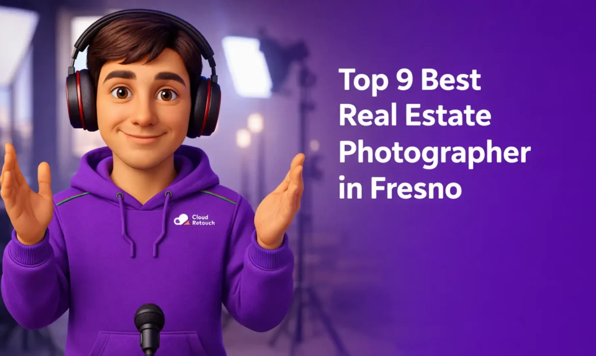 CloudRetouch character in a Fresno studio wearing headphones and a purple hoodie standing next to camera gear.