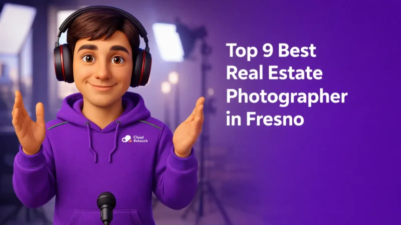 CloudRetouch character in a Fresno studio wearing headphones and a purple hoodie standing next to camera gear.