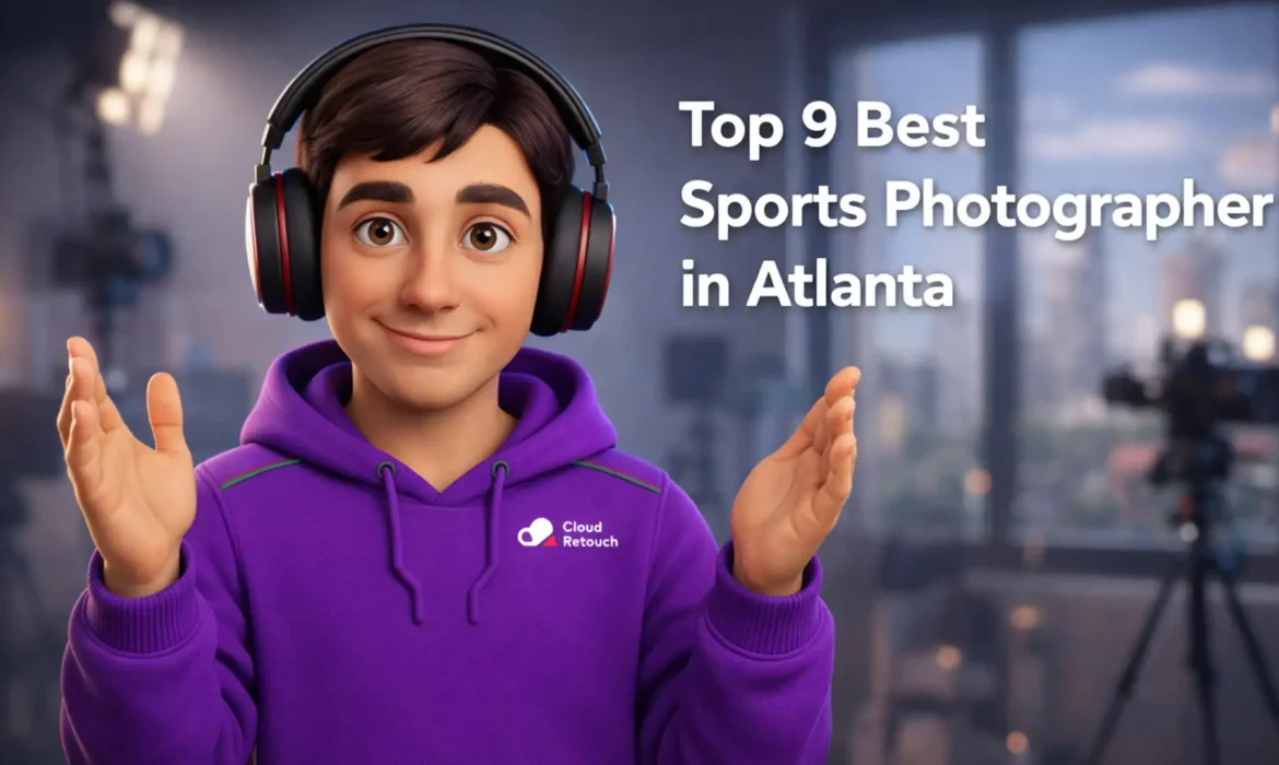 3D character in purple hoodie with headphones in an Atlanta studio with Top 9 Best Sports Photographer in Atlanta text overlay