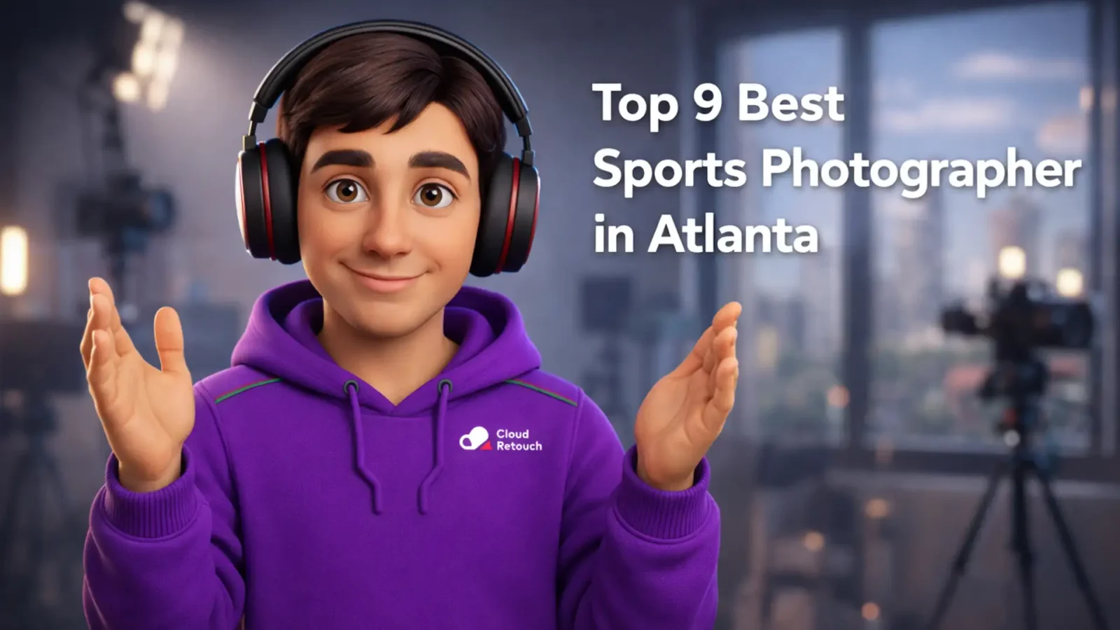 3D character in purple hoodie with headphones in an Atlanta studio with Top 9 Best Sports Photographer in Atlanta text overlay