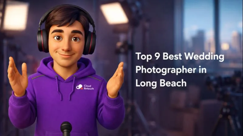 3D character in purple hoodie holding camera gear in a Long Beach studio setting