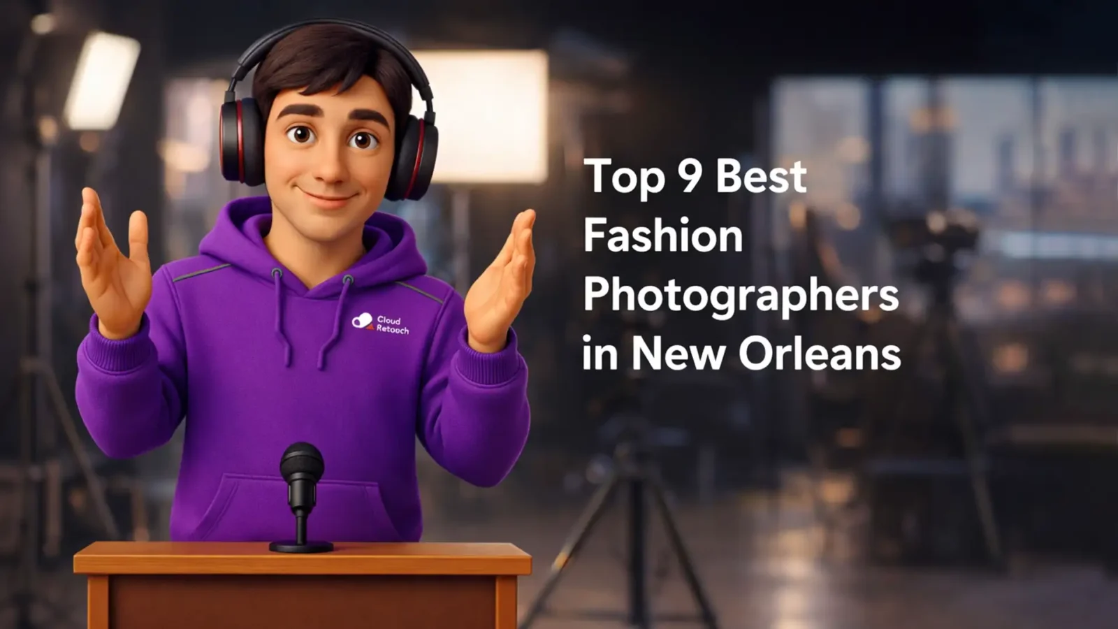 3D Pixar-style CloudRetouch character in purple hoodie and headphones smiling in a New Orleans photography studio setting.